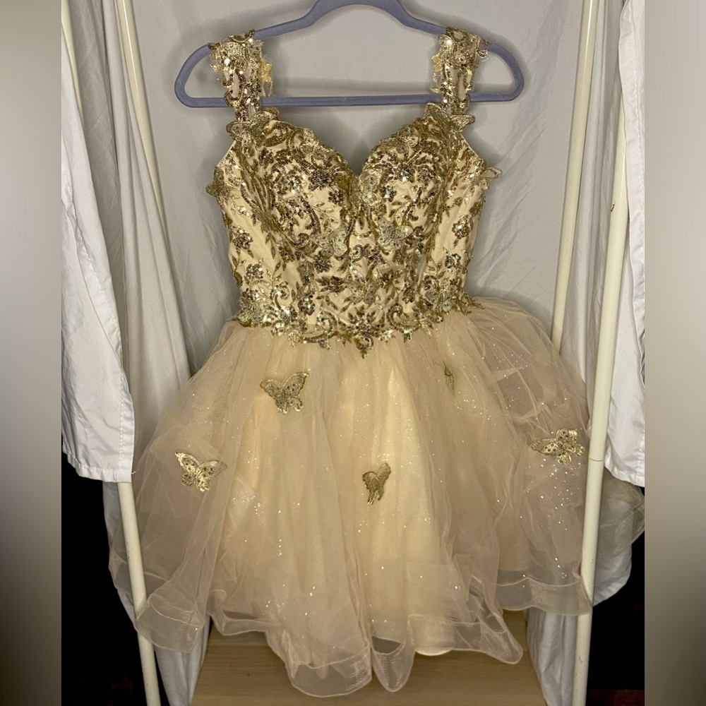 Dancing Queen off the Shoulder Dress - Gorgeous Gold w/ Butterflies all over